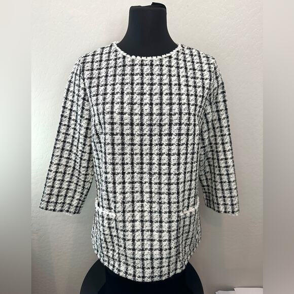 JOHN MARK | Houndstooth Bouclé Tunic Top Black White Pockets Lined | Small - Picture 3 of 8